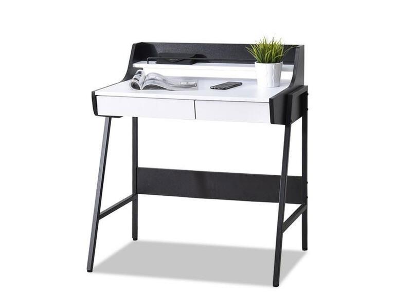 Nowoczesne małe biurko Borr biało-czarne z szufladami i półką na metalowej nodze